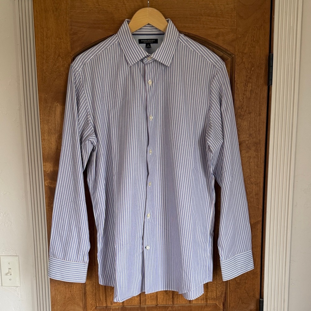 Banana Republic Men's White and Blue Striped Shirt